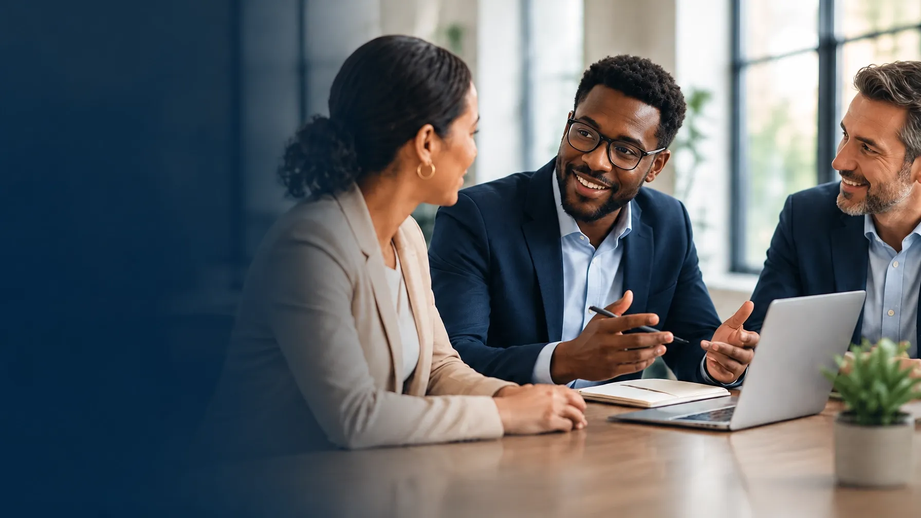 Business professionals sharing ideas around a table